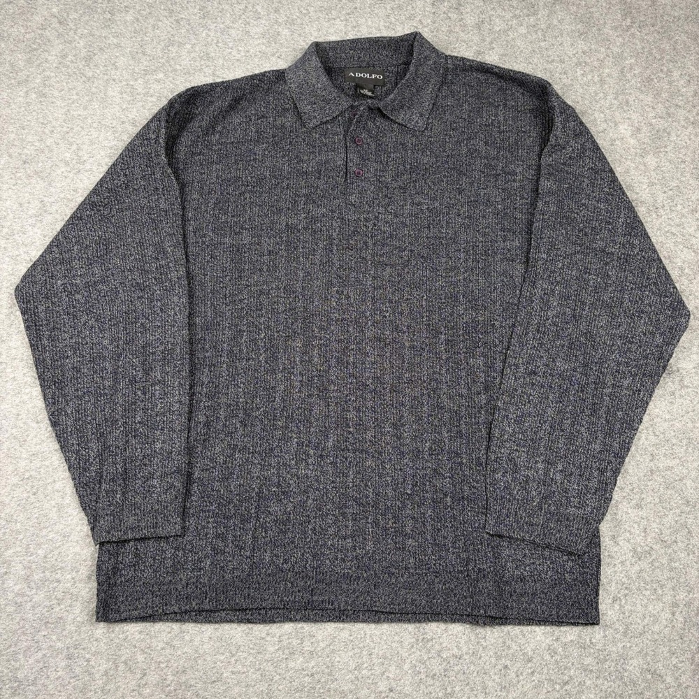 Adolfo Sweater Polo Mens XLT Gray Long Sleeve Preppy Textured Knit Pullover Tall
